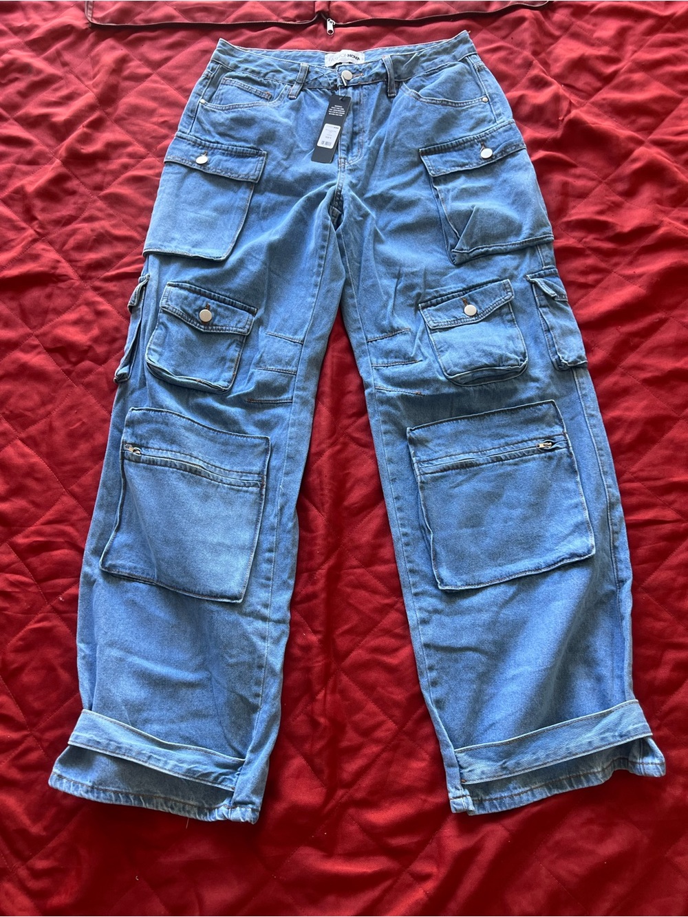 Fashion Nova Light Blue Cargo Jeans – Utility Pocket Workwear Size 9